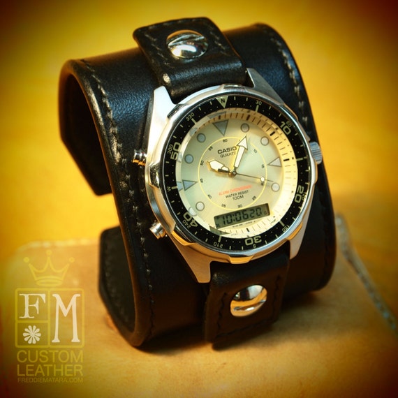 Leather cuff Watch Classic Casio Chrono Diver Black bridle leather watchband, handstitched wristwatch made for YOU in NYC by Freddie Matara