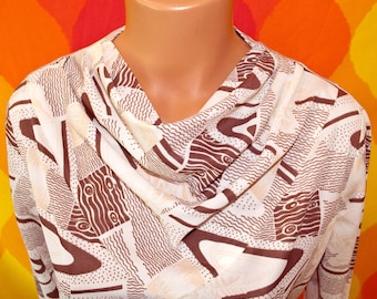 vintage 60s blouse disco COWL neck ivory brown op art pattern poly leisure Large women new with tags nwt