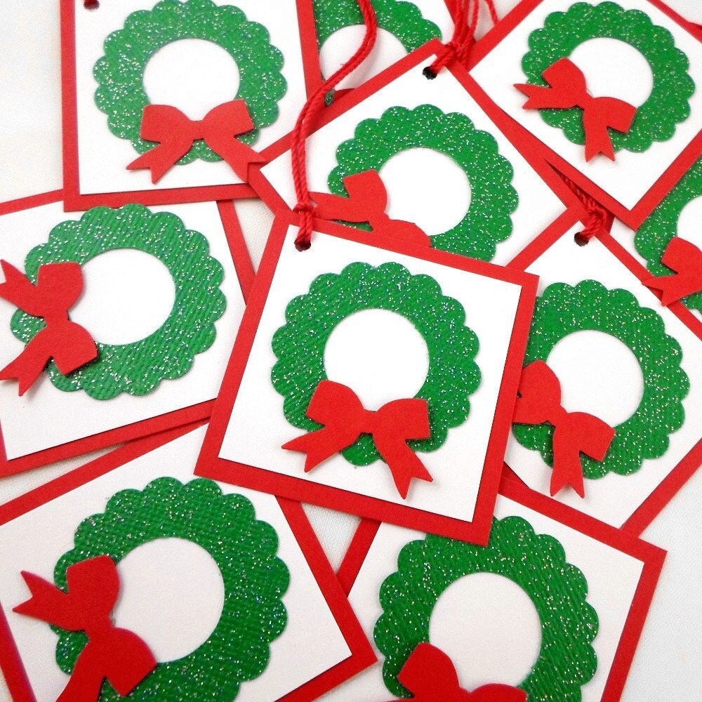 Christmas Tags - Christmas Favor Tags, Christmas Gift Tags, Christmas Wedding Tags - Red and Green Wreaths