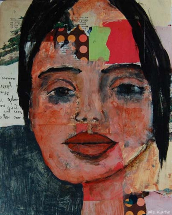 Acrylic Portrait Collage Painting 9x12 Original, Mixed Media, Woman, Remember the Kiss, Red, Green, Circles