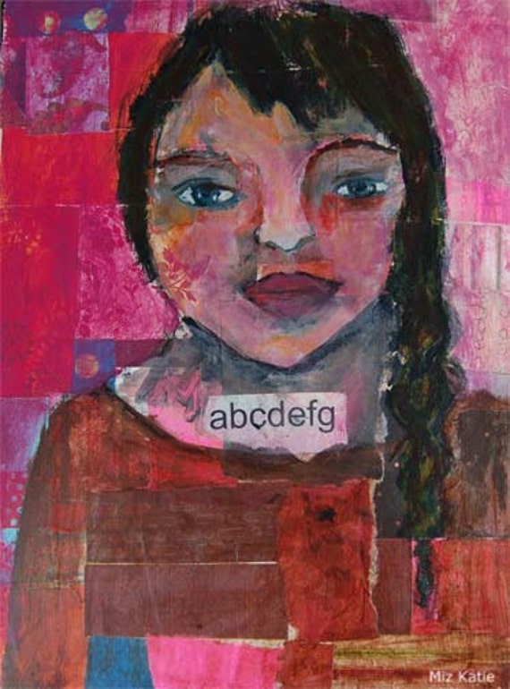 Acrylic Portrait Painting Collage 9x12 abcdefg Original, Mixed Media, Girl, Braid,