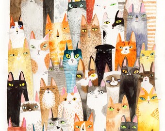 Cats cats print - lots of colorful cats - A3 print