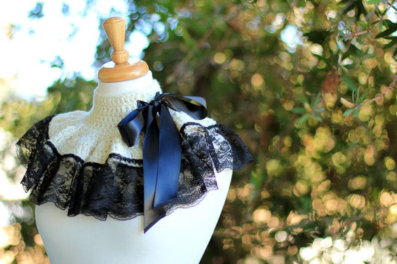 Neck Warmer Ruffle Collar - Ivory with Black Lace - Neo-Victorian by mademoisellemermaid steampunk buy now online