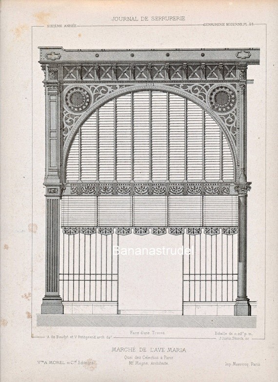 Antique Engraving of Marche de l'ave Maria, Paris. 1880 French Print of Decorative and Architectural Metalwork. Plate 28