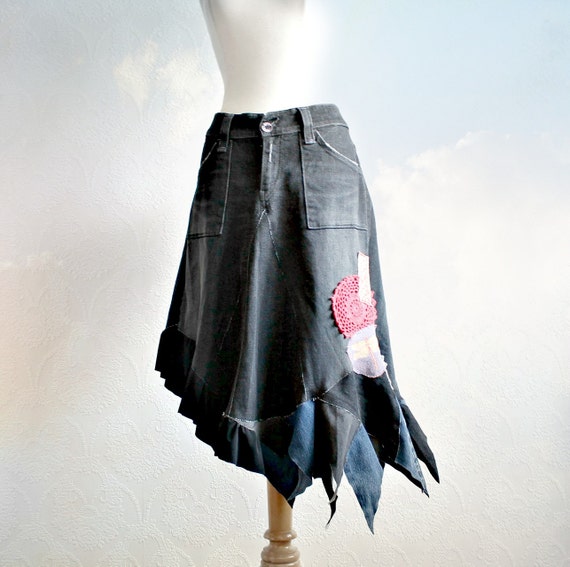 Recycled Jeans Bohemian Skirt Black Denim Tattered Clothing