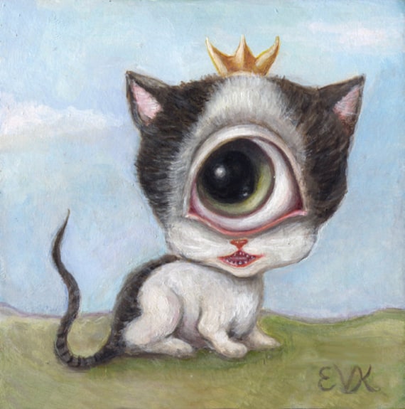 Big Eye Cylops Cat Art Print, Surreal Lowbrow Art, One eyed Cat, Pop Surrealism, Whimsical Art, Cat Illustration, Giclee Print, Weird Art