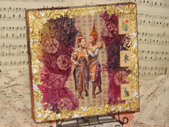 Golden Love - Original Asian Influenced Faux Batik Canvas Collage