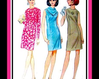 Vintage 1967- FAB MOD DRESS -Sewing Pattern -Three Styles- Bias Cowl Drape Scarf -Sleeveless -Set in Long Sleeves- Uncut -Size 16- Rare