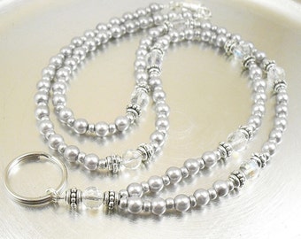 Beaded ID Lanyard, Badge Holder, Glasses Holder - Grey Pearl and Crystal Aurora Borealis ID Lanyard/Badge Holder