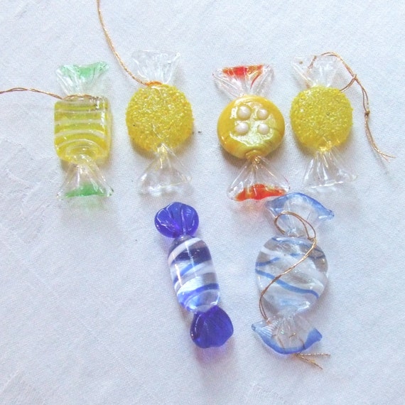 6 Vintage Wrapped Candy Glass Ornaments Blue by LinensandThings