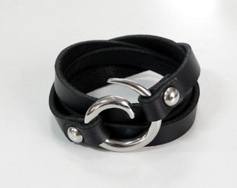 Black Leather Bracelet Leather Cuff Wrap Bracelet with Spiral Stainless Clasp