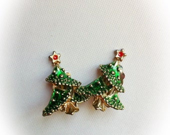 Vintage Christmas Tree Earrings Clip on Metal Enamel