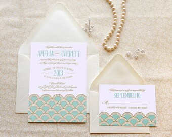 Mint and Gold Scallops Art Deco Wedding Invitations - Gatsby Wedding - 1920s Wedding - Jazz Age Wedding