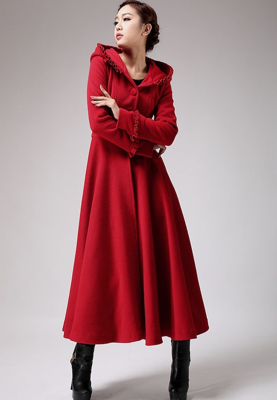 Red long wool coat winter hooded coat fit and by xiaolizi