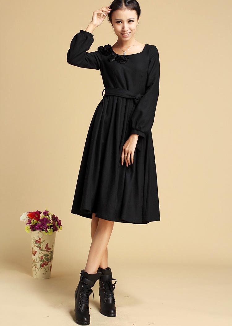 Black dress winter wool dress midi dress pleated dress