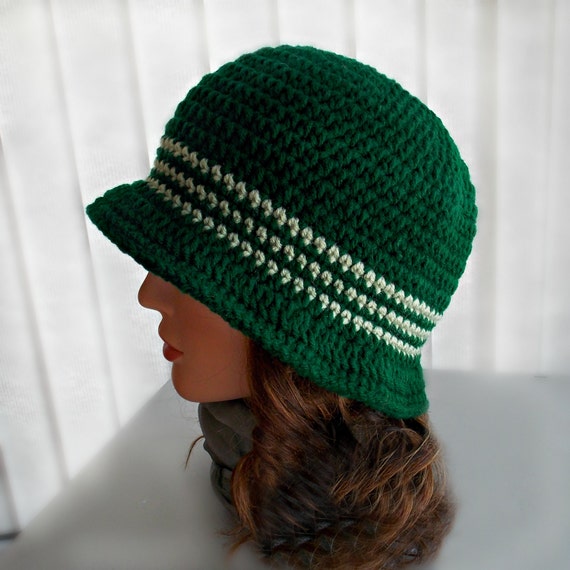 Hunter Green Crocheted Cloche - Stripes, Flapper Hat, Stylish, Spring, Boutique