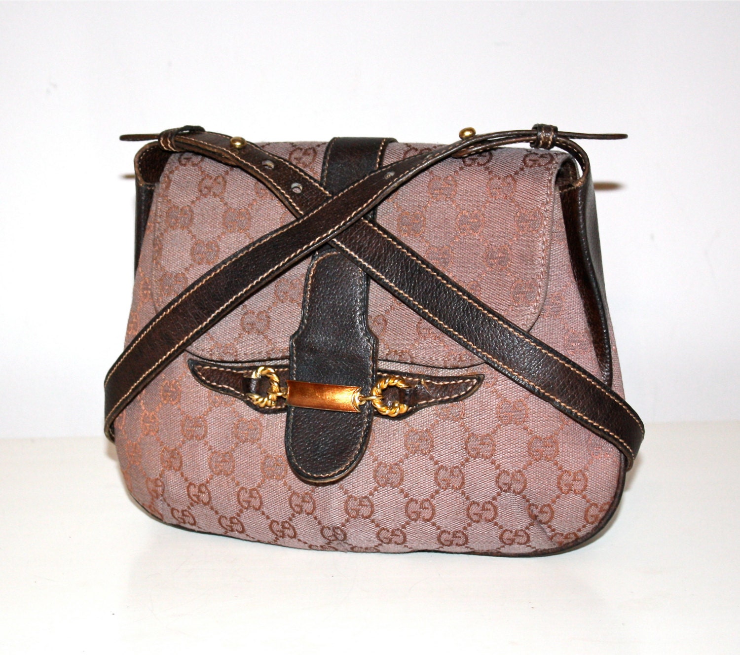 GUCCI Vintage Handbag Brown Leather Monogram Canvas