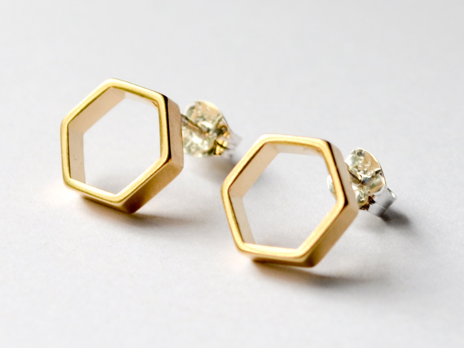 Geometric Gold Hexagon Stud Earrings Simple by HookAndMatter