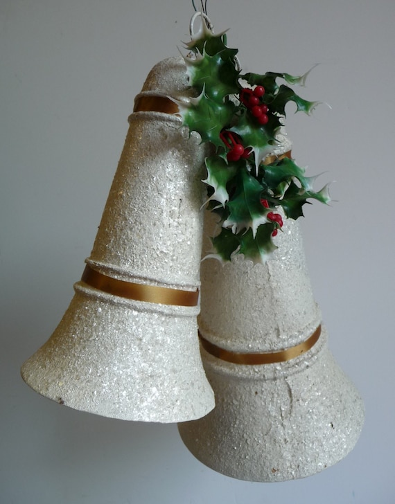 Vintage Christmas Bells BIG Paper Mache White glitter pair