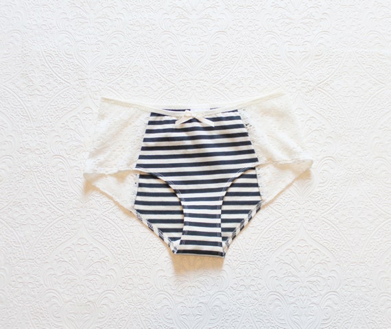 Nautical Panties Navy Blue and White Stripe with Lace 'Bon