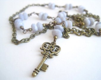 Blue Lace Agate Necklace / Key Necklace / Natural Stone / Brass Key Vintage Style / Antique Brass / Wisteria Periwinkle Whisper Blue
