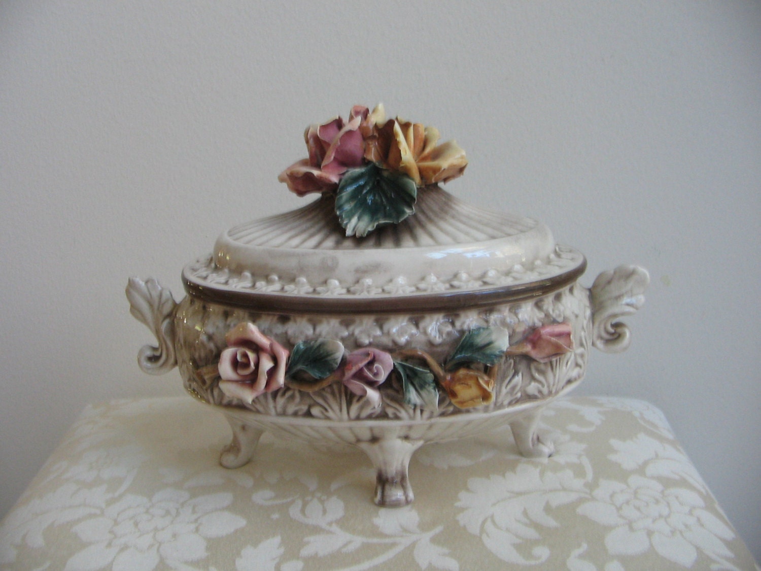 Vintage Capodimonte Porcelain Footed Bowl Tureen With Lid