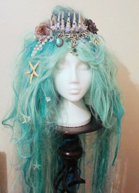 scarf silk hair Beads Long Wig and with Pearl Mermaid SALE! in Green Crown White Shell