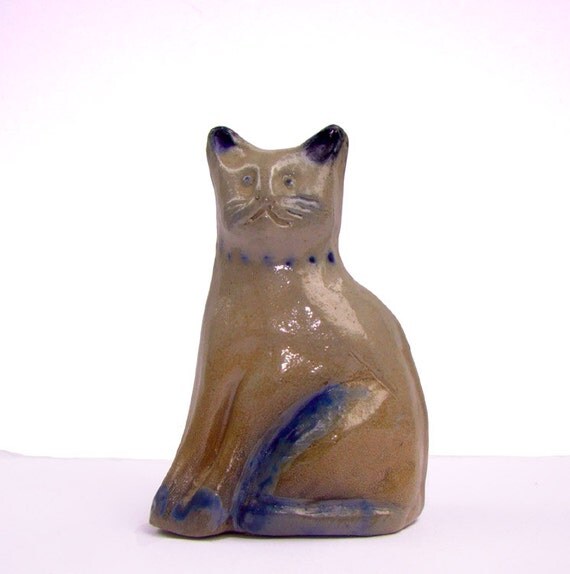 Vintage cat figurine Salt Glazed Pottery with Cobalt Blue