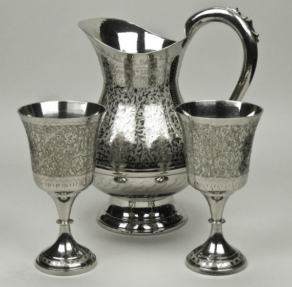 Vintage Etched Indian Brass Pitcher And Two Goblets World