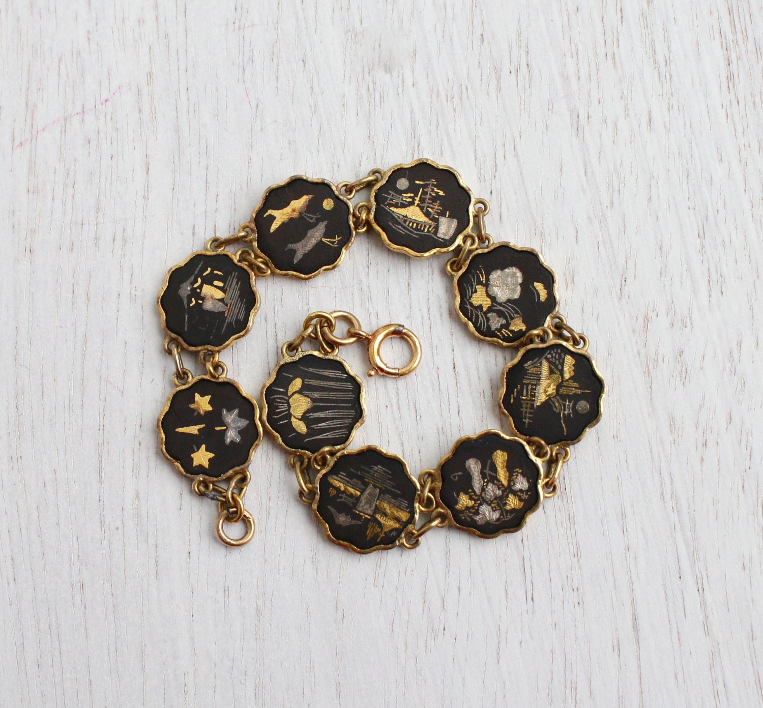 Vintage Damascene Asian Panel Bracelet Mid Century Gold