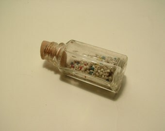 Vintage Tiny Glass Vial Ink Bottle with Soft Cork filled with many Beads