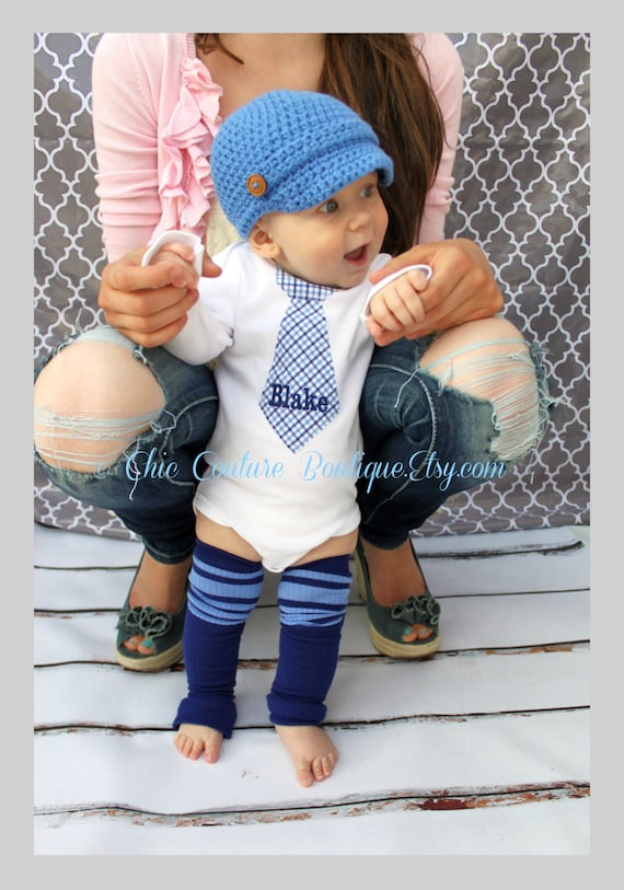 Baby Boy, Birthday Outfit, Cake Smash Personalized Tie Bodysuit and Leg Warmers Set. Coming Home Outfit, 4th of July Baby Blue Plaid by ChicCoutureBoutique