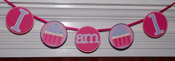 Cupcake Banner READY To ShiP I am 1 1st Birthday High Chair Banner Pink and Purple Sprinkle Il_570xn