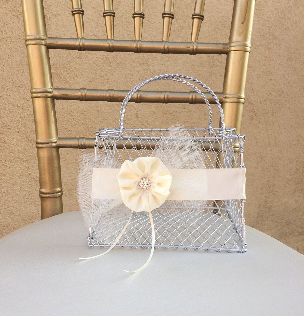 Ivory Flower Girl Basket Ivory Basket Silver by LuckyYouLuckyMe