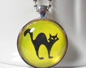 Black Cat Necklace with 24 inch chain included, Yellow, Halloween Jewelry