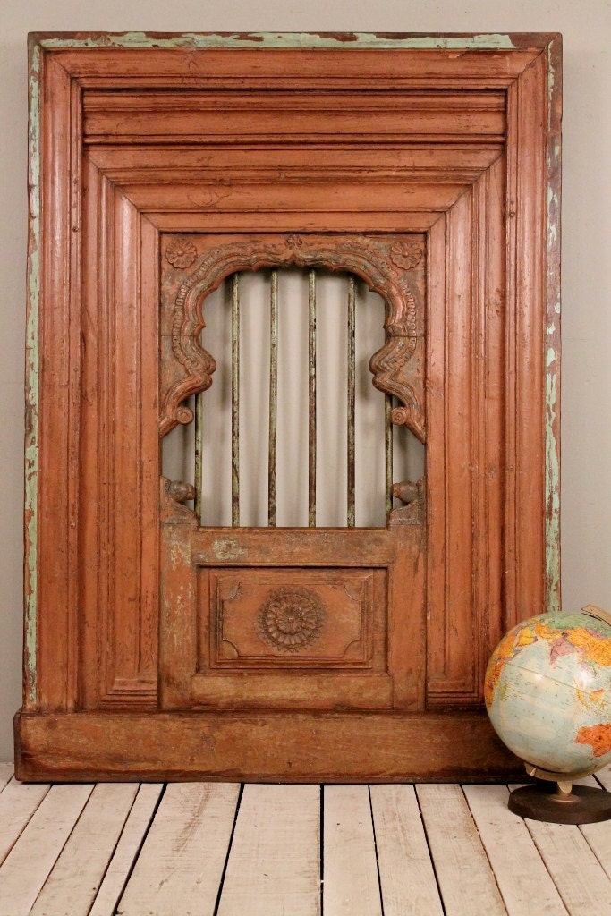 Salvaged Antique Indian Window Architectural Wood and Iron Window