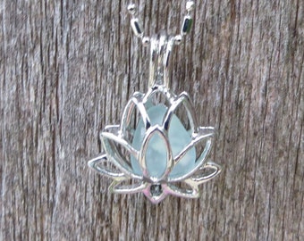 Necklace Sea Glass Lotus Flower Yoga Jewelry Water Lilly Locket Pale Aqua by Wave of LIfe™