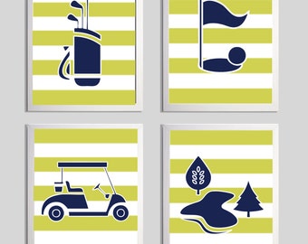 Golf Sports Nursery Boy Girl Navy Citron Stripes more colors available set of 4