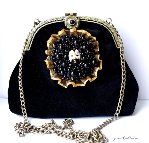 Black purse. Velvet Crossbody purse with lace and theatre mask decoration.