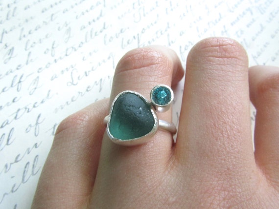 Teal Sea Glass and Aqua Swarovski Crystal Sterling Silver Ring size 7