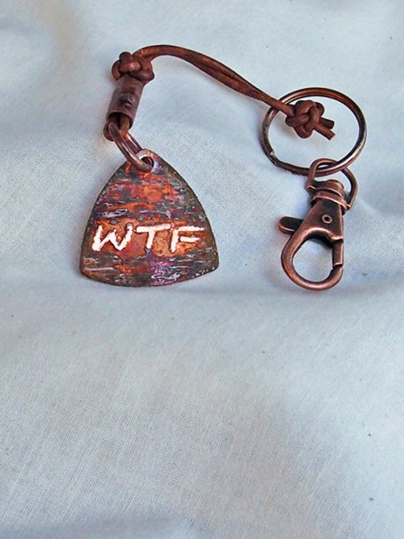 WTF Acid Etched Copper and Leather Dog Tag Keychain Knife Multi Tool Lanyard