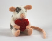 Miniature Needle Felted Mouse with a Red Heart, Valentine's Gift, Felted Animal