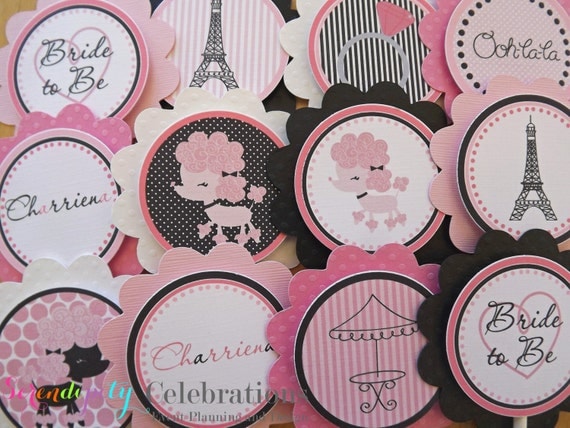 Set of 12 Personalized Ooh La La Collection: Cupcake Toppers -Baby Shower, Birthday, Bridal Shower -Paris -Poodles -Eiffel Tower Il_570xn
