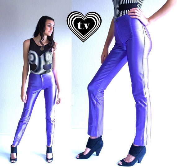 Vtg 70s Cosmic Purple Metallic Disco Pants Xxs Shiny Spandex 0576