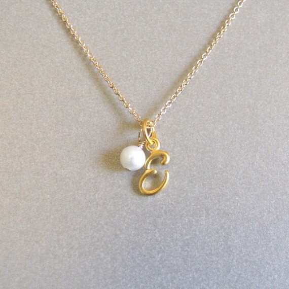 Gold Script Initial & Pearl Necklace by