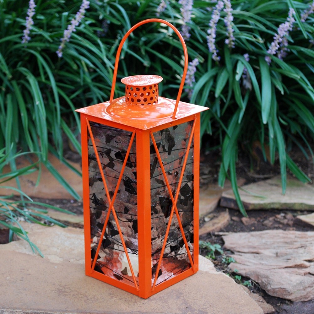 Halloween Orange Candle Lantern with Clear and Black Stained