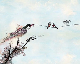 Birds art, Birds on a wire, Pen and ink art, Bird illustration, light blue