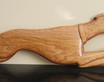 hand carved wood butternut running greyhound dog wall hanging