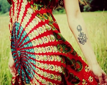 Handmade Hippie Dress Cover-UP, Long Tunic, Backless Top, Festival, Bohemian, Hula Hoop Dress, Peacock, Festival, Mandala