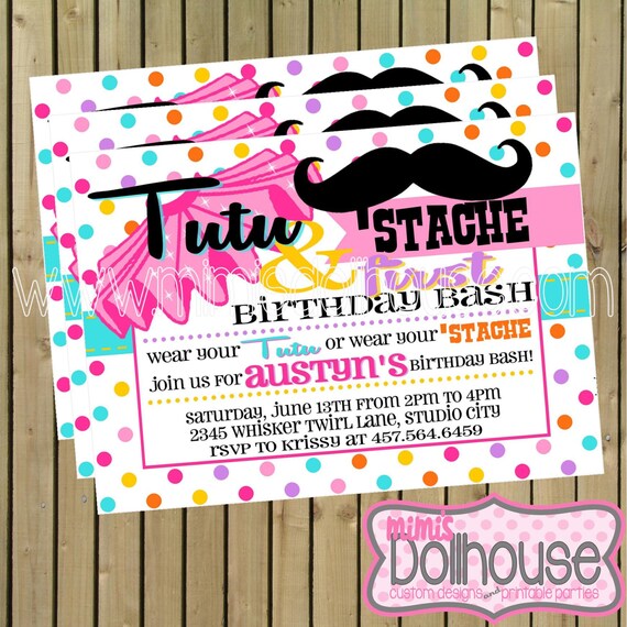 Tutu and 'Stache Invitation- Tutu and Stache Birthday Invitation- Tutu/Stache Birthday Party Invitation PDF/JPEG Il_570xn